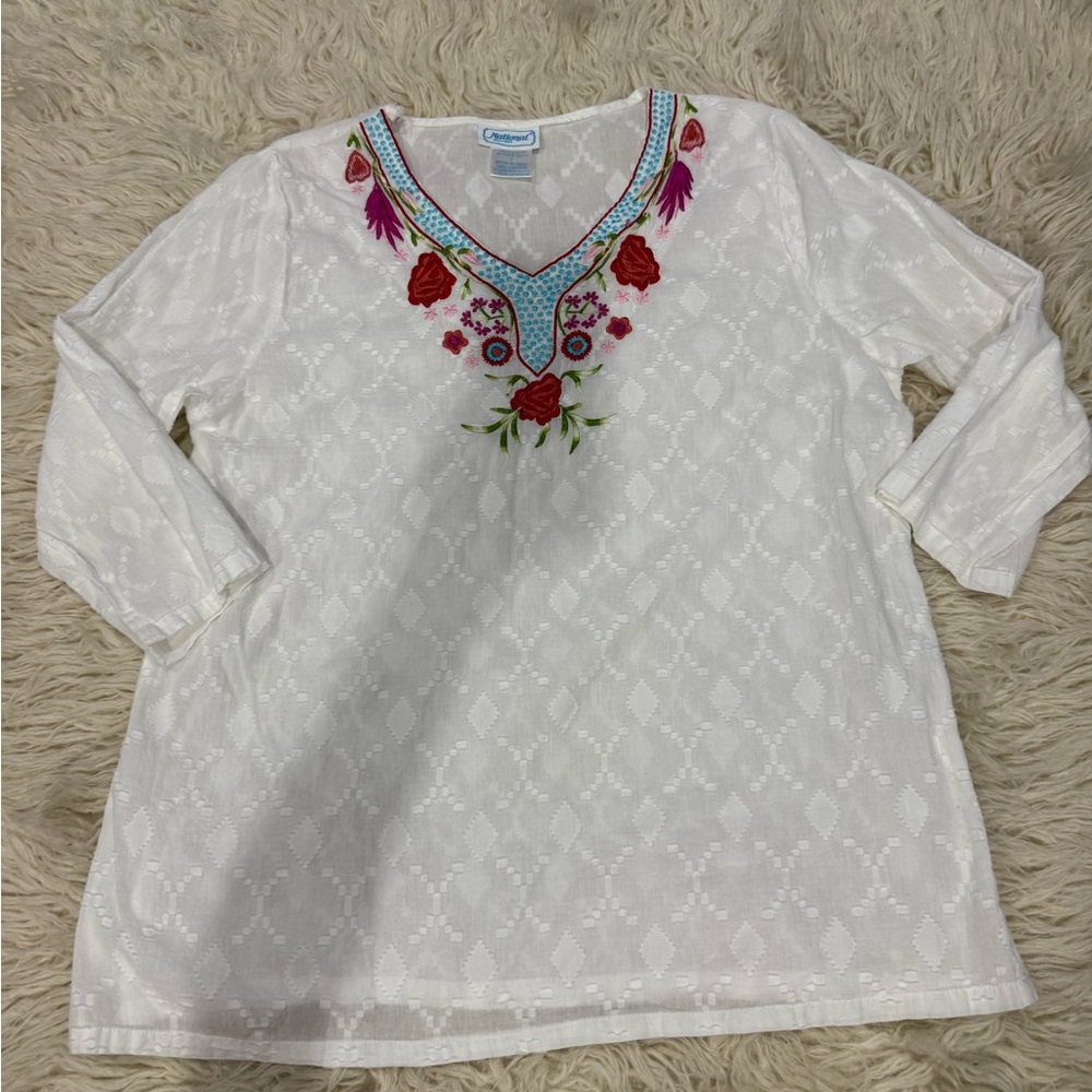 Vintage White Tunic with Colorful Embroidery by National since 1952 100% cotton